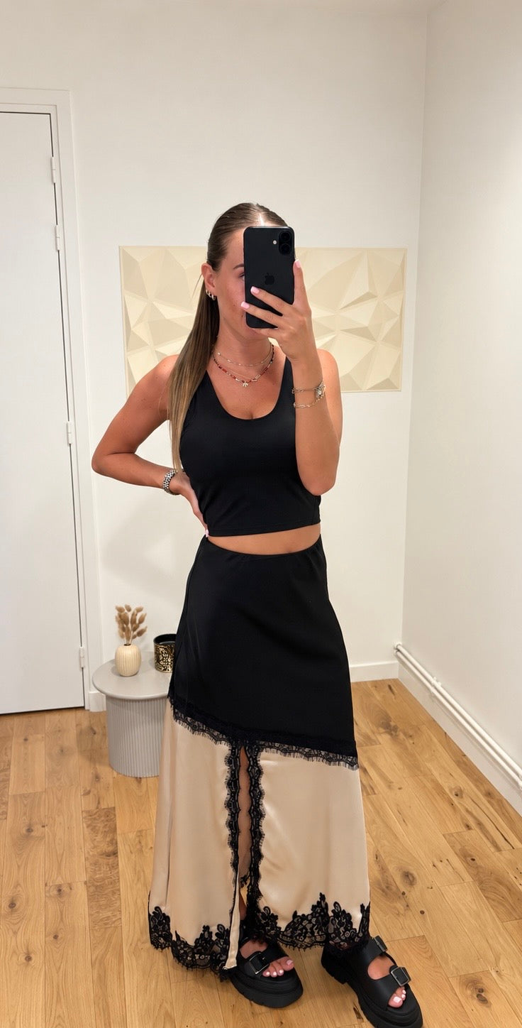 Jupe bimatière dentelle noire et beige