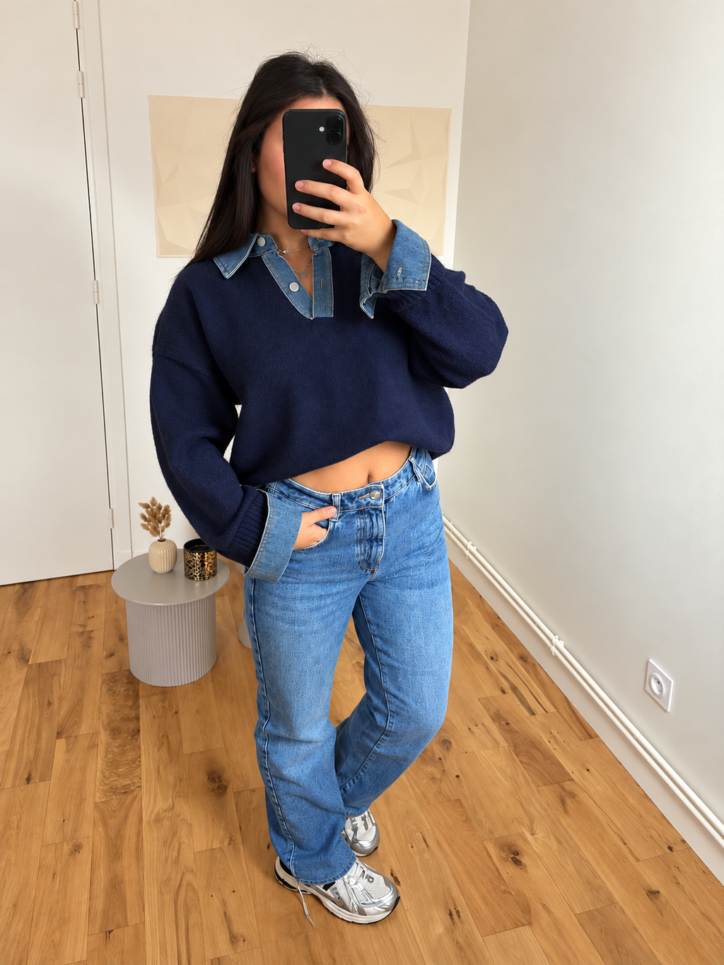 Pull bleu marine avec col jean