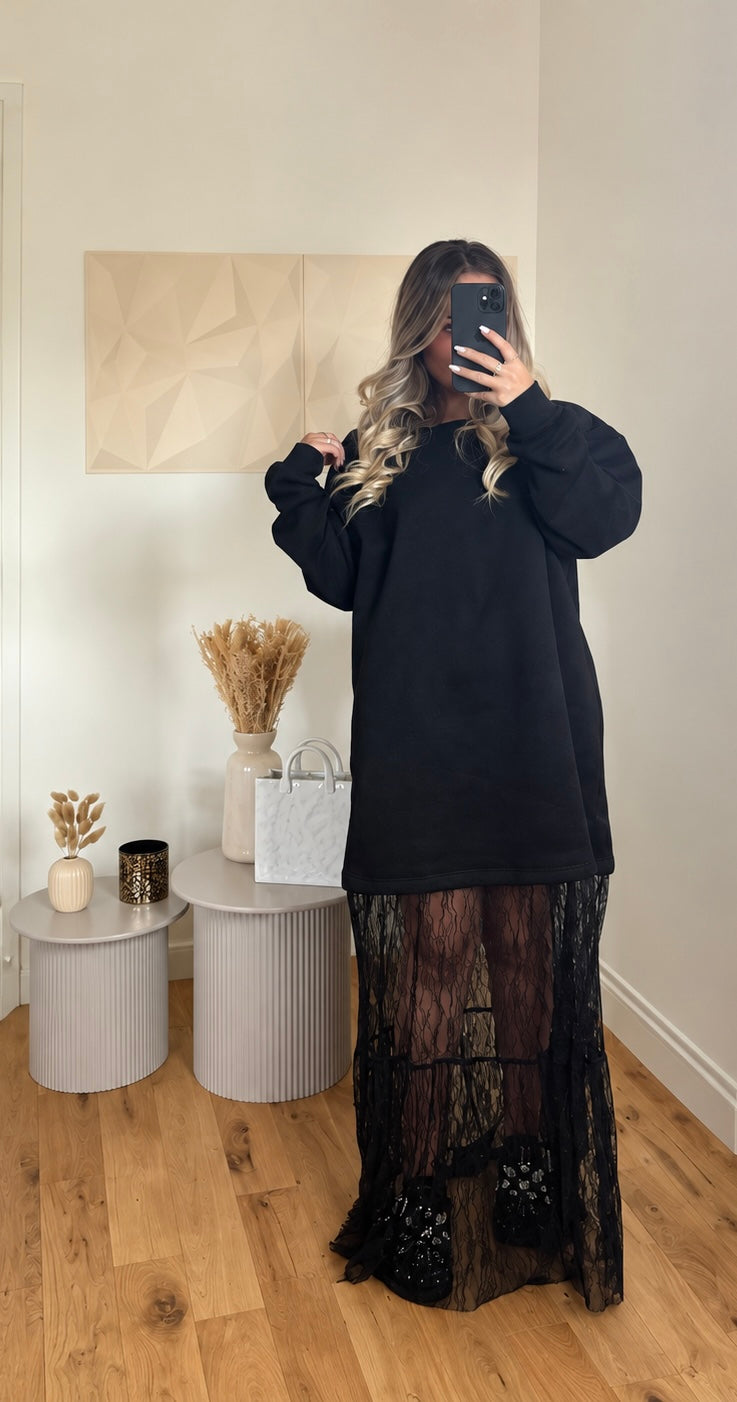 Robe sweat noire dentelle vue complémentaire