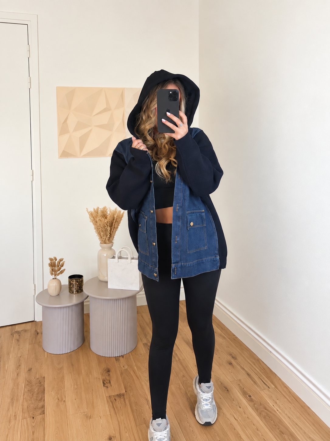 Veste bi-matière en jean à capuche vue complémentaire